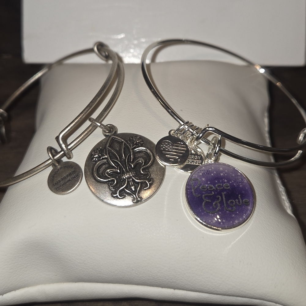2 Alex and Ani Charm Bangle Fleur De Lis-Peace & Love Silver Expandable Bracelet